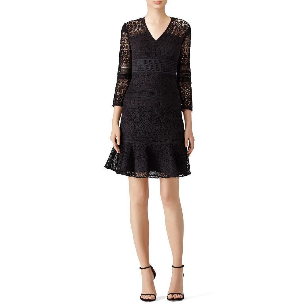 Shoshanna Aviva Dress Sheer Lace 3/4 Sleeve Flounce Hem Mini Cocktail Black 8